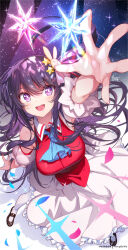 Rule 34 | 1girl, :d, blush, commentary, dress, frills, hair ornament, highres, hong (white spider), hoshino ai (oshi no ko), idol, idol clothes, long hair, looking at viewer, open mouth, oshi no ko, pink ribbon, purple eyes, purple hair, rabbit hair ornament, ribbon, sidelocks, smile, solo, star-shaped pupils, star (symbol), star hair ornament, star in eye, symbol-shaped pupils, symbol in eye, turtleneck, turtleneck dress