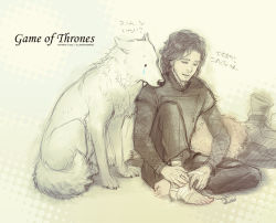 Rule 34 | 1boy, a song of ice and fire, animification, bandages, barefoot, black hair, copyright name, facial hair, ghost (a song of ice and fire), j (onose1213), jon snow, stubble, tears, wolf