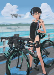 Rule 34 | 1girl, ankle socks, arms behind back, bicycle, bicycle helmet, black footwear, black hair, blue hair, blue sky, breasts, cloud, commentary request, competition swimsuit, day, drone, green eyes, gun, hair between eyes, unworn headwear, helmet, unworn helmet, highleg, highleg swimsuit, highres, ladder, long hair, looking at viewer, low ponytail, one-piece swimsuit, original, outdoors, ponytail, railing, sem (sempix), shoes, sky, small breasts, smile, socks, solo, stairs, striped, swimsuit, thigh strap, water, weapon, weapon request, white socks