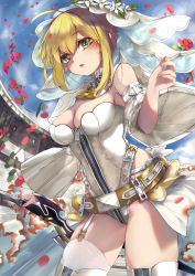 Rule 34 | 1girl, aestus estus, ahoge, belt, blonde hair, breasts, bridal veil, cleavage, commentary request, denpajin-ryuushi, detached sleeves, fate/extra, fate/extra ccc, fate (series), green eyes, hand up, highres, holding, holding sword, holding weapon, lock, looking at viewer, medium breasts, nero claudius (bride) (fate), nero claudius (bride) (second ascension) (fate), nero claudius (fate), nero claudius (fate) (all), padlock, petals, short hair, solo, sword, thighhighs, thighs, veil, weapon, white thighhighs, zipper