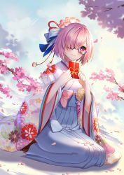 Rule 34 | 1girl, absurdres, blush, dated, fate/grand order, fate (series), floral print, flower, full body, gift, hair flower, hair ornament, hair over one eye, highres, holding, holding gift, japanese clothes, looking at viewer, mash kyrielight, mash kyrielight (irohanihoheto), mei jiang jiang, official alternate costume, pink hair, purple eyes, ribbon, seiza, short hair, signature, sitting, smile, solo