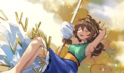 Rule 34 | 1girl, barefoot, brown hair, circlet, closed eyes, detached sleeves, dress, feet out of frame, green dress, highres, kaigen 1025, long hair, low twintails, multicolored clothes, multicolored dress, open mouth, single-shoulder dress, single detached sleeve, smile, solo, son biten, test tube, touhou, twintails, white sleeves, yellow dress