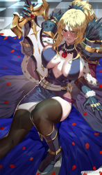 Rule 34 | 1girl, black socks, blonde hair, breasts, checkered floor, christina (princess connect!), club3, gem, highres, jewelry, large breasts, long hair, necklace, ponytail, princess connect!, smile, socks, solo, sword, thighhighs, thighs, weapon, yellow eyes