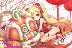 Rule 34 | 1girl, ahoge, azur lane, blonde hair, bonury, china dress, chinese clothes, chinese commentary, commentary request, dress, eldridge (azur lane), flat chest, flower, hair ornament, highres, huge ahoge, long hair, looking at viewer, red eyes, slippers, solo, thighs, very long hair