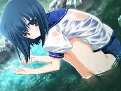 Rule 34 | 1girl, bath, black hair, blush, game cg, hagiwara onsen, highres, izumi rikka, nature, no pants, one-piece swimsuit, outdoors, primitive link, red eyes, school swimsuit, school uniform, see-through, short hair, solo, squatting, swimsuit, swimsuit under clothes, wading, water, wet