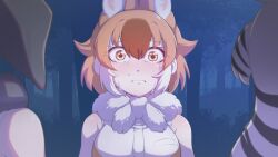 Rule 34 | absurdres, african elephant (kemono friends), animal ears, animal print, breasts, commentary, crying, crying with eyes open, dhole (kemono friends), dog ears, dog girl, dress, elephant ears, elephant girl, extra ears, forest, fur collar, gm (ggommu), highres, kemono friends, kemono friends 3, large breasts, multicolored hair, nature, orange eyes, orange hair, plains zebra (kemono friends), sleeveless, sleeveless dress, spoilers, tears, two-tone hair, white hair, zebra ears, zebra girl, zebra print