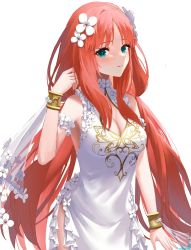 Rule 34 | 1girl, alternate costume, aqua eyes, arm at side, arm garter, bad id, bad twitter id, bare shoulders, blush, bracer, breasts, cleavage, cleavage cutout, clothing cutout, dress, flower, frilled dress, frilled garter, frills, genshin impact, hair flower, hair ornament, hand up, highres, long hair, looking at viewer, low twintails, medium breasts, mihata atelier, nilou (genshin impact), parted bangs, parted lips, red hair, side slit, sidelocks, signature, sleeveless, sleeveless dress, smile, solo, twintails, white background, white dress, white flower