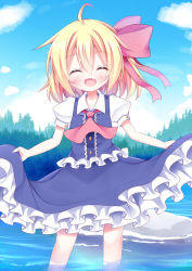 Rule 34 | 1girl, ahoge, ascot, blonde hair, blue sky, blush, cloud, curtsey, day, esureki, closed eyes, fang, forest, hair ribbon, nature, open mouth, puffy short sleeves, puffy sleeves, ribbon, river, rumia, shirt, short sleeves, skirt, skirt set, sky, smile, soaking feet, solo, touhou, vest, wading, water