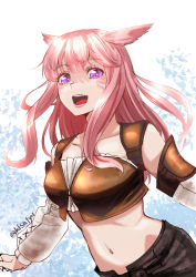Rule 34 | 1girl, :d, animal ears, cat ears, crop top, detached sleeves, facial mark, final fantasy, final fantasy xiv, highres, ishii hisao, long hair, long sleeves, looking at viewer, midriff, miqo&#039;te, navel, open mouth, pants, pink hair, purple eyes, smile, solo, twitter username, warrior of light (ff14), whisker markings
