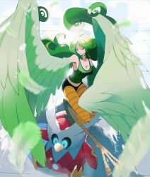 Rule 34 | 1girl, bare shoulders, bird legs, breasts, cleavage, clothes writing, commentary, commission, creatures (company), crop top, feather coat, feathered wings, feathers, game freak, green feathers, green hair, green tank top, green wings, harpy, highres, iron bundle, large breasts, long hair, looking at viewer, midriff, monet (one piece), monster girl, nintendo, one piece, pokemon, pokemon (creature), smile, snow, standing, standing on another&#039;s head, standing on one leg, startboii, striped clothes, striped leggings, talons, tank top, winged arms, wings, yellow eyes