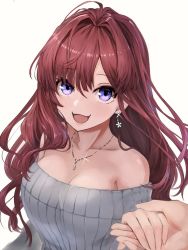 Rule 34 | 1girl, :3, :d, bad id, bad twitter id, bare shoulders, breasts, brown hair, cleavage, commentary, earrings, flower earrings, grey sweater, hair between eyes, hair intakes, hand grab, ichinose shiki, idolmaster, idolmaster cinderella girls, jewelry, lamp p9, large breasts, long hair, looking at viewer, necklace, off-shoulder, off-shoulder sweater, off shoulder, open mouth, pendant, pov, pov hands, purple eyes, ribbed sweater, simple background, smile, solo, solo focus, sweater, upper body, wavy hair, white background