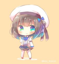 Rule 34 | 1girl, acasta (azur lane), azur lane, beret, blue bow, blue bowtie, blue eyes, blue skirt, blush, bow, bowtie, brown background, brown footwear, brown hair, chibi, closed mouth, collared shirt, commentary request, full body, hat, jacket, kou hiyoyo, long hair, long sleeves, one side up, open clothes, open jacket, pleated skirt, shirt, short hair, skirt, sleeves past wrists, smile, solo, standing, sweater vest, thighhighs, twitter username, white hat, white jacket, white shirt, white thighhighs