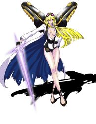 Rule 34 | 1girl, alphamon, bare legs, blonde hair, cape, digimon, digimon story: cyber sleuth, energy sword, full body, hand on own hip, highres, holding, holding weapon, kuremi kyouko, long hair, no bra, open clothes, open shirt, short shorts, shorts, smile, spoilers, sword, weapon, wings