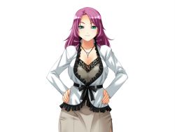 Rule 34 | 1girl, asakura sakura, blush, breasts, cleavage, collar, game cg, green eyes, hands on own hips, large breasts, long hair, looking at viewer, mama no undoukai, mole, purple hair, simple background, skirt, smile, solo, standing