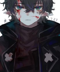 Rule 34 | 1boy, absurdres, arknights, bishounen, black hair, black shirt, blood, blood on face, coat, faust (arknights), highres, kanji, male focus, pointy ears, shirt, short hair, simple background, solo, spots, upper body, user vgmn7242, white background