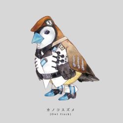 Rule 34 | animal focus, beret, bird, double-barred finch, english text, grey background, hat, jpeg artifacts, military, military uniform, no humans, original, shirahama kamome, simple background, solo, uniform