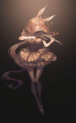 Rule 34 | 1girl, absurdres, ahoge, ambience synesthesia, amiya (arknights), animal ear fluff, animal ears, anklet, arknights, black dress, blush, bow (music), breasts, brown hair, brown pantyhose, closed mouth, dress, frilled dress, frills, full body, head tilt, highres, holding, holding bow (music), innoarukugyou, instrument, jewelry, layered dress, long hair, low ponytail, medium breasts, multiple rings, music, official alternate costume, pantyhose, playing instrument, rabbit ears, ring, short sleeves, smile, solo, sparkle, thighlet, very long hair, violin