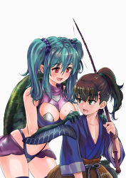 Rule 34 | 1boy, 1girl, :d, basket, between breasts, bikini, blue hair, blush, breasts, carrying over shoulder, child, drinking straw, eyebrows, eyelashes, fishing rod, green eyes, hair between eyes, hair ornament, hair scrunchie, hands on another&#039;s shoulders, height difference, hetero, highleg, highleg bikini, holding, japanese clothes, large breasts, long hair, looking at another, looking back, navel, open mouth, original, overskirt, personification, pink lips, ponytail, pukara, red eyes, rope, scrunchie, sharp teeth, signature, simple background, smile, stomach, string, sweat, swimsuit, teeth, thighhighs, turtle shell, turtleneck, twintails, urashima tarou, white background