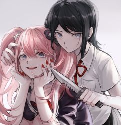 Rule 34 | 2girls, adjusting another&#039;s hair, arms on knees, backlighting, bear hair ornament, black hair, black shirt, black skirt, blue eyes, breasts, danganronpa: trigger happy havoc, danganronpa (series), enoshima junko, freckles, grey background, hair ornament, hands on own cheeks, hands on own face, highres, holding, holding knife, ikusaba mukuro, knife, looking at viewer, medium breasts, multiple girls, nail polish, necktie, open mouth, pink hair, red nails, red neckwear, serious, shiroinusuki, shirt, short hair, short sleeves, siblings, simple background, sisters, sitting, skirt, smile, spoilers, teeth, twins, twintails, upper body, upper teeth only, white neckwear, white shirt