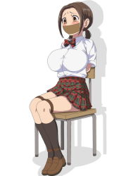 Rule 34 | 1girl, arms behind back, bdsm, blush, bondage, bound, bound ankles, bound arms, bound feet, bound legs, breasts, brown eyes, brown hair, chair, chair bondage, chair tied, chairtie, chihayafuru, gag, gagged, helpless, improvised gag, jacket, kidnapped, kidnapping, large breasts, ooe kanade, rope, school uniform, shoes, skirt, socks, solo, tape, tape bondage, tape gag, twintails