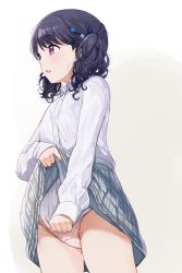 Rule 34 | 1girl, bad id, bad twitter id, black hair, clothes lift, commentary request, covering crotch, covering privates, curly hair, flower, fukumaru koito, grey skirt, hair flower, hair ornament, highres, hiroki (yyqw7151), idolmaster, idolmaster shiny colors, long hair, long sleeves, looking away, panties, plaid, plaid skirt, pleated skirt, polka dot, polka dot panties, purple eyes, school uniform, shirt, skirt, skirt lift, sleeves past wrists, solo, twintails, underwear, white background, white shirt