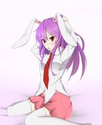 Rule 34 | 1girl, adjusting hair, animal ears, bad id, bad pixiv id, breasts, collared shirt, hairband, long hair, long sleeves, looking at viewer, midriff, miniskirt, mouth hold, necktie, purple hair, rabbit ears, red eyes, reisen udongein inaba, shirt, sitting, skirt, small breasts, solo, thighhighs, touhou, tying hair, wariza, white thighhighs, xialuluo (sharuro), zettai ryouiki