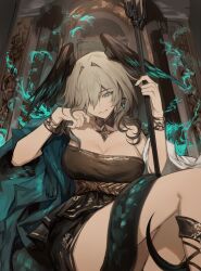 Rule 34 | 1girl, aqua eyes, arknights, bare shoulders, black dress, breasts, cleavage, commentary, detached collar, dress, english commentary, feathered wings, grey hair, hair over one eye, head wings, highres, ho&#039;olheyak (arknights), ho&#039;olheyak (carriage of the winds of time) (arknights), holding, holding staff, jewelry, large breasts, legs, looking at viewer, official alternate costume, pendant, potettoe, smile, smirk, snake tail, solo, staff, strapless, strapless dress, tail, thighs, wings, wristlet