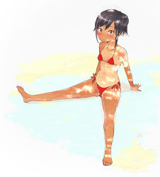 Rule 34 | 1girl, arm support, bare legs, barefoot, bikini, black hair, blue eyes, breasts, bright pupils, full body, gensokigou, halterneck, looking at viewer, navel, one-piece tan, original, outdoors, parted lips, partially submerged, red bikini, short ponytail, side-tie bikini bottom, sitting, small breasts, solo, swimsuit, tan, tanline