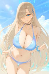 Rule 34 | 1girl, absurdres, alternate costume, asuna (blue archive), beach, bikini, black choker, blue archive, blue bikini, blue halo, blue nails, blue ribbon, blue scrunchie, breasts, choker, cleavage, commentary, day, hair ornament, hair over one eye, hair ribbon, halo, heine (haloo1101), highres, huge breasts, large breasts, light brown hair, long hair, nail polish, navel, outdoors, ribbon, scrunchie, smile, solo, stomach, swimsuit, thigh gap, thighs, water, wrist scrunchie