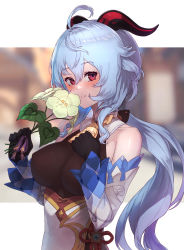 Rule 34 | absurdres, ahoge, bare shoulders, bell, black gloves, blue hair, blush, bow, bowtie, breasts, chinese knot, collarbone, curled horns, detached sleeves, flower, flower knot, ganyu (genshin impact), genshin impact, gloves, gold trim, hand on own chest, highres, holding, holding flower, horns, long hair, looking at viewer, low ponytail, medium breasts, neck bell, purple eyes, qingxin flower, sidelocks, smile, solo, standing, upper body, vision (genshin impact), white flower, white sleeves, yu mochi (kamiinu)