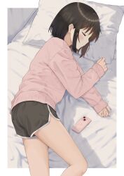 Rule 34 | 1girl, absurdres, bed, black hair, blush, bob cut, cardigan, cellphone, closed eyes, closed mouth, commentary request, highres, iro haruno, long sleeves, lying, on bed, on side, original, phone, pillow, pink cardigan, profile, short shorts, shorts, sleeping, smartphone, solo, thighs