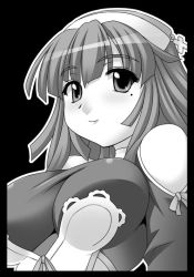 Rule 34 | 1girl, breasts, cross, female focus, greyscale, hairband, la pucelle, large breasts, mole, mole under eye, monochrome, prier, simple background, smile, solo