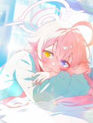 Rule 34 | 1girl, ahoge, bed sheet, blue archive, blue eyes, blue pajamas, blush, closed mouth, hair between eyes, halo, heterochromia, highres, hoshino (blue archive), indoors, itsk ne, long hair, long sleeves, lying, on stomach, pajamas, pink hair, pink halo, smile, solo, yellow eyes