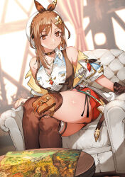 Rule 34 | 1girl, atelier (series), atelier ryza, atelier ryza 3, beret, breasts, brown hair, couch, crossed legs, day, gloves, hair ornament, hairclip, hat, highres, indoors, large breasts, official art, reisalin stout, shiny skin, short sleeves, shorts, solo, thick thighs, thighhighs, thighs, toridamono, window