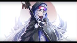 Rule 34 | 1girl, arknights, black cape, black gloves, blue eyes, cape, chinese knot, chromatic aberration, feather hair, fingerless gloves, flower knot, gloves, goggles, goggles on head, grey hair, highres, holding, holding staff, hood, hood up, hooded cape, letterboxed, light blush, long hair, looking at viewer, mulberry (arknights), parted lips, shirt, solo, souhou kou, staff, triangle mouth, very long hair, white shirt