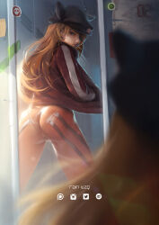 Rule 34 | 1girl, absurdres, artist name, ass, ass focus, bodysuit, bodysuit under clothes, breasts, brown hair, candy, evangelion: 3.0 you can (not) redo, eyepatch, food, food in mouth, hands in pockets, hat, highres, huge ass, jacket, large breasts, legs apart, lips, long hair, looking at ass, looking at viewer, looking back, mirror, mirror image, neon genesis evangelion, plugsuit, rain wzq, rebuild of evangelion, red bodysuit, red jacket, shiny clothes, skin tight, solo, souryuu asuka langley, standing, very long hair, white background, wide hips