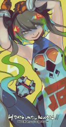 Rule 34 | 1girl, blue revolver, bodysuit, bow, countdown, gloves, green background, grey hair, hair bow, highres, ira (blue revolver), multicolored hair, orange gloves, promotional art, ringed eyes, simple background, sleeveless, solo, squinting, twintails, woofycakes, yellow eyes