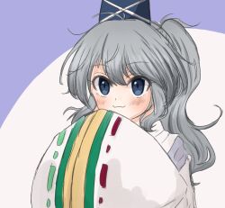 Rule 34 | 1girl, :3, blue background, blue eyes, blue hat, closed mouth, commentary, grey hair, hands in opposite sleeves, hat, highres, long hair, long sleeves, looking at viewer, mononobe no futo, pipita, ponytail, ribbon-trimmed sleeves, ribbon trim, solo, tate eboshi, touhou, two-tone background, white background, wide sleeves