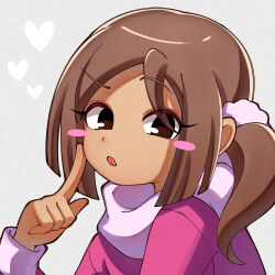 Rule 34 | 1girl, blush stickers, brown eyes, brown hair, heart, highres, looking at viewer, no pupils, open mouth, pipiko., shibuya anna, solo, youkai watch