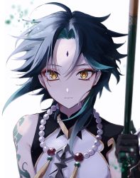 Rule 34 | 1boy, ahoge, artist name, bare shoulders, black gloves, black hair, blue hair, closed mouth, ego (ego inp), genshin impact, gloves, grey shirt, hair between eyes, hand up, highres, holding, holding weapon, jewelry, looking at viewer, male focus, mandarin collar, multicolored hair, necklace, pearl necklace, pom pom (clothes), shirt, sidelocks, simple background, sleeveless, sleeveless shirt, solo, tattoo, two-tone hair, upper body, vision (genshin impact), weapon, white background, xiao (genshin impact), yellow eyes