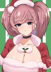 Rule 34 | 1girl, atlanta (kancolle), black choker, breasts, brown hair, capelet, choker, cleavage, dress, earrings, green background, grey eyes, hat, highres, jewelry, kantai collection, kirchoff, large breasts, long hair, long sleeves, looking at viewer, official alternate costume, santa dress, santa hat, single earring, solo, star (symbol), star earrings, two side up, upper body