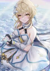 Rule 34 | 1girl, blonde hair, breasts, cleavage, dress, flower, flower bed, genshin impact, gold trim, hair flower, hair ornament, halterneck, highres, looking at viewer, lumine (genshin impact), medium breasts, seiza, short hair, short hair with long locks, sitting, smile, snow20200, solo, thighhighs, white dress, white flower, white thighhighs, yellow eyes