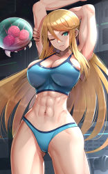 Rule 34 | 1girl, 1other, abs, absurdres, alien, arms behind head, arms up, blonde hair, breasts, bursting pectorals, cleavage, eyelashes, female focus, gonzarez, green eyes, highres, large breasts, lips, long hair, looking at viewer, metroid, metroid (creature), midriff, muscular, muscular female, narrow waist, navel, nintendo, no pants, one eye closed, panties, samus aran, sideboob, solo, solo focus, sports bra, sportswear, thighs, tight clothes, toned, toned female, underwear, underwear only, video game