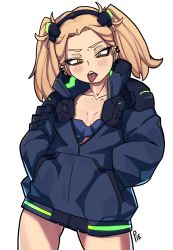 Rule 34 | 1girl, alternate hairstyle, blonde hair, blush, boku no hero academia, cosplay, costume switch, cowboy shot, cyberpunk (series), cyberpunk edgerunners, half-closed eyes, hands in pockets, highres, rebecca (cyberpunk), simple background, solo, toga himiko, tongue, tongue out, twintails, unusualpie, white background, yellow eyes