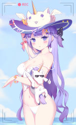 Rule 34 | 1girl, absurdres, adjusting clothes, adjusting headwear, arm up, armpits, azur lane, bare shoulders, bikini, blue sky, blurry, braid, breasts, carrying against hip, cleavage, cloud, cloudy sky, collarbone, commentary request, day, depth of field, fake screenshot, flower bracelet, french braid, hair bun, hair ornament, hat, highres, horizon, kei kei (854174652), long hair, looking at viewer, medium breasts, navel, ocean, one side up, parted lips, purple eyes, purple hair, single hair bun, sky, solo, standing, stuffed toy, stuffed winged unicorn, sunglasses, swimsuit, thumbs up, unicorn (azur lane), white bikini, x hair ornament