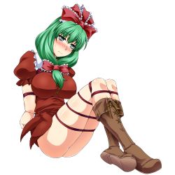 Rule 34 | 1girl, 3:, arms behind back, bdsm, blush, bondage, boots, bound, bound arms, bound legs, bow, breasts, brown footwear, closed mouth, commentary request, dress, frills, front ponytail, full body, green eyes, green hair, hair bow, kagiyama hina, large breasts, long hair, looking at viewer, no panties, nose blush, ootsuki wataru, puffy short sleeves, puffy sleeves, red bow, red dress, restrained, shibari, shibari over clothes, short sleeves, solo, sweat, touhou, transparent background, wavy mouth