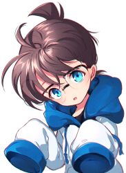 Rule 34 | 1boy, age regression, aged down, bad id, bad pixiv id, blue eyes, child, edogawa conan, fuyusuke (hz+), glasses, head tilt, highres, long sleeves, looking at viewer, male focus, meitantei conan, outstretched hand, oversized clothes, parted lips, simple background, sleeves past fingers, sleeves past wrists, solo, surprised, upper body, white background