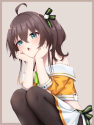Rule 34 | 1girl, ahoge, aqua eyes, bare shoulders, black pantyhose, black straps, blush, border, brown border, brown hair, chestnut mouth, commentary, cropped jacket, green ribbon, grey background, hair between eyes, hair ornament, halterneck, hanazome uta, hands on own face, head rest, highres, hololive, jacket, looking at viewer, looking down, natsuiro matsuri, natsuiro matsuri (1st costume), neck ribbon, off-shoulder jacket, off shoulder, open mouth, orange jacket, outside border, pantyhose, ribbon, short sleeves, side ponytail, side slit, skirt, solo, squatting, virtual youtuber, white skirt