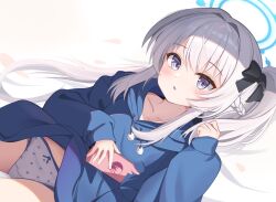 Rule 34 | 1girl, blue archive, blue halo, blue hoodie, bow, bow panties, braid, cameltoe, cellphone, clothes lift, collarbone, commentary request, french braid, halo, highres, holding, holding phone, hood, hoodie, hoodie lift, looking at viewer, lying, miyako (blue archive), miyako (young) (blue archive), official alternate costume, on back, panties, parted lips, phone, polka dot, polka dot panties, pom pom (clothes), purple eyes, side ponytail, sidelocks, smartphone, smartphone case, solo, underwear, white hair, white panties, zhnyy3