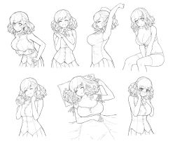 Rule 34 | @ @, ^ ^, blush, bra, breasts, burger, cleavage, closed eyes, collarbone, food, girls&#039; frontline, greyscale, highres, holding, holding food, large breasts, looking at viewer, looking away, monochrome, multiple views, open mouth, short hair, short twintails, sketch, smile, spas-12 (girls&#039; frontline), terras, twintails, underwear, wavy hair